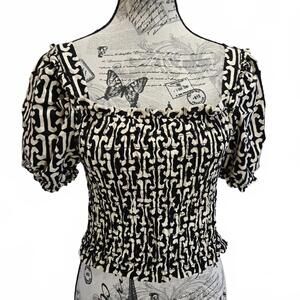 Monteau Smocked Puff Sleeve Cropped Peasant Top Women XL Black Ivory Rayon Linen